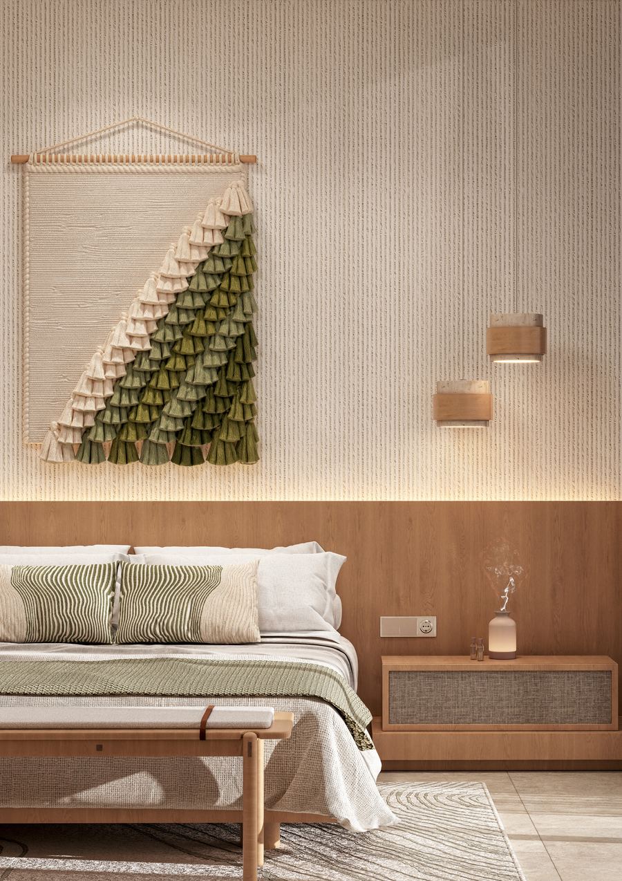 Bedroom with woven fibre artwork at Kore