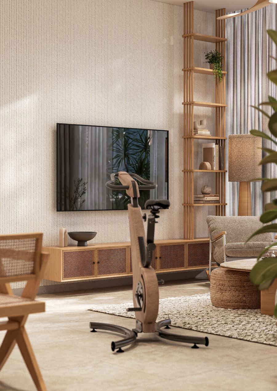 Apartment living area with a connected exercise bike
