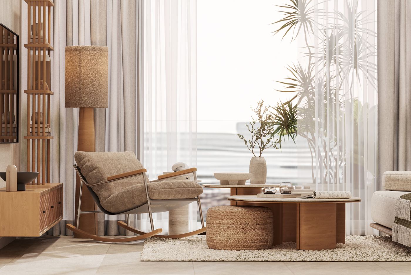 Living room with natural oak and bamboo at Kore