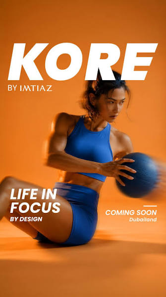Kore coming soon poster: an athlete with a medicine ball on orange, Dubailand