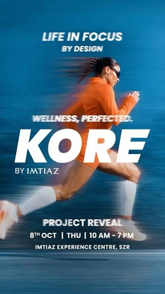 Kore project reveal poster: a runner in orange against a blue background, Life in focus by design