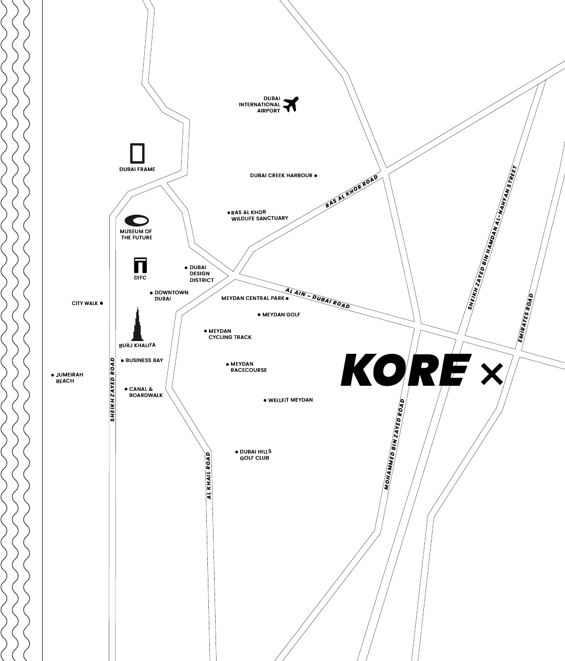 Map of Kore by Imtiaz and nearby Dubai landmarks within a 15 to 20 minute drive